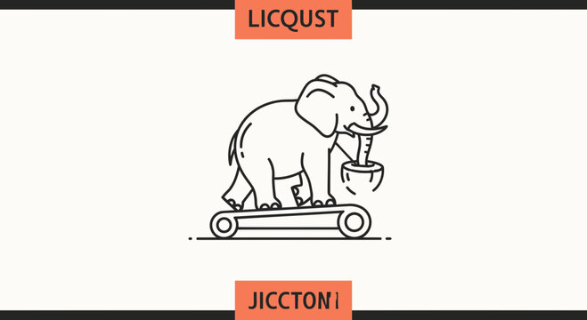 Whimsical Elephant on Treadmill, Carrying Pot, Line Art Illustration