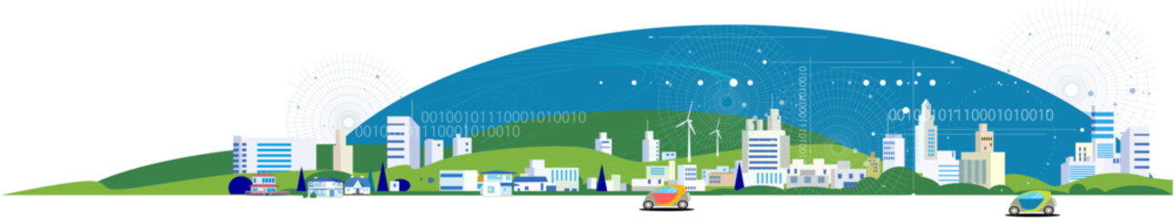 Panoramic background illustration of a smart city and DX network. Hand-drawn style with copy space. © kawano