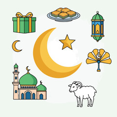 Assorted colorful icons related to a celebration and culture with the moon