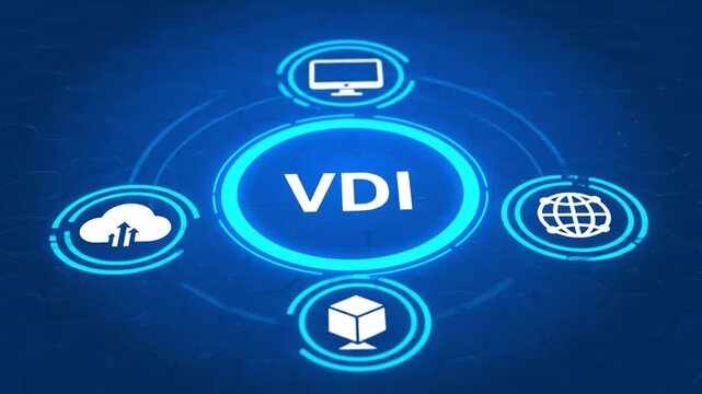VDI acronym. Software Asset Management (VDI) manages software assets throughout their lifecycle, including procurement and compliance. Showing VDI icons on virtual screen. 4k video