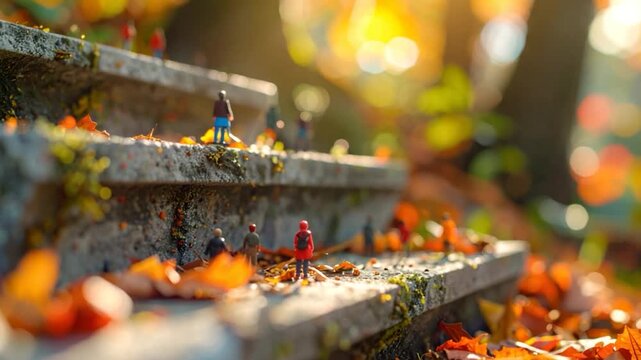Miniature figures on steps amongst fall foliage in blurred natural sunlight