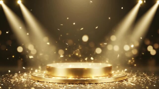 Golden Podium with Spotlights and Falling Confetti for Awards Ceremony.