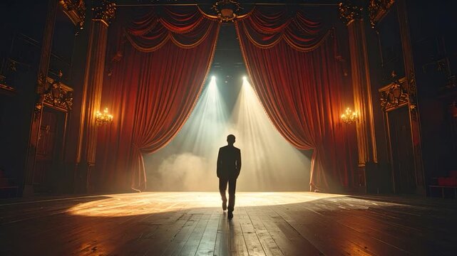 A person on stage facing a bright light. Red curtains frame the scene