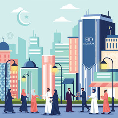 Cityscape illustration depicts people exchanging gifts during a festival © Danil