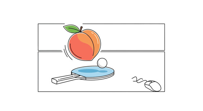 Surreal peach falling onto ping pong paddle with computer mouse nearby