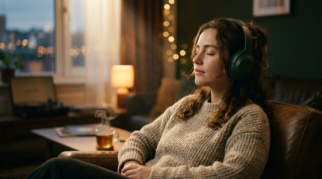 Relaxing Woman Listening To Music With Headphones At Home For Stress Relief And Wellbeing