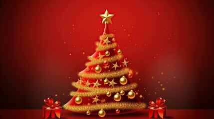 A Festive Christmas Tree Surrounded by Gifts, Lights, and Glittering Ornaments Under Red Glow