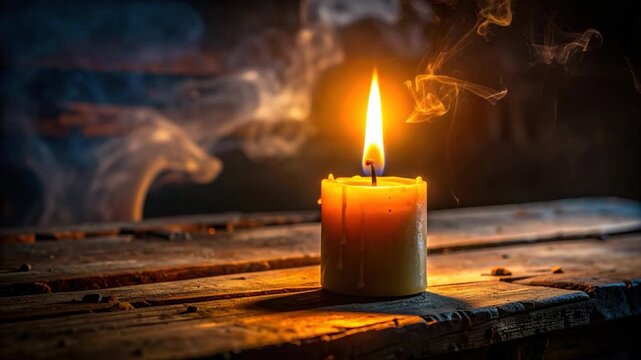 Glowing candle on a rustic wooden surface, smoke swirls in the dark background