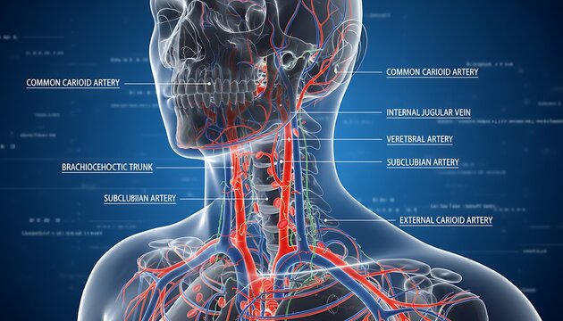 Medical Anatomy Diagram of Neck Arteries and Veins in Blue Tones