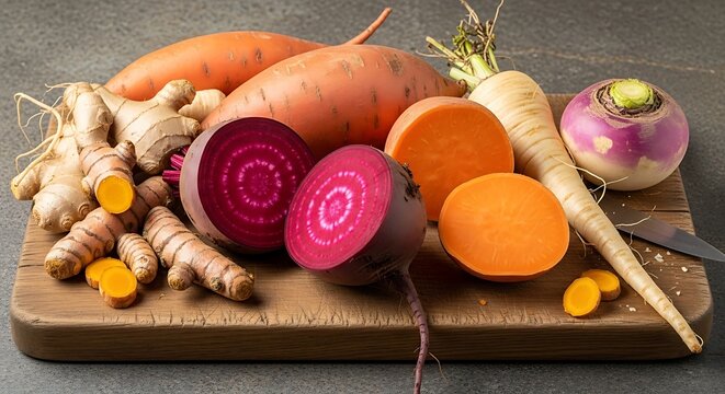 Fresh root vegetables on a wooden board still life