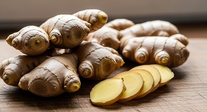Fresh ginger root and slices on wooden background