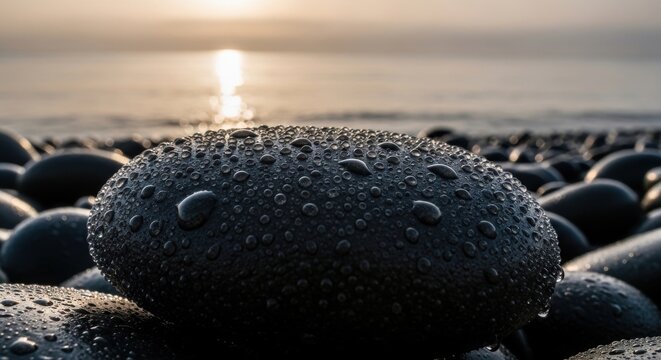 Glistening dewdrops on a smooth dark stone surface with soft sunlight reflection on the ocean in the background