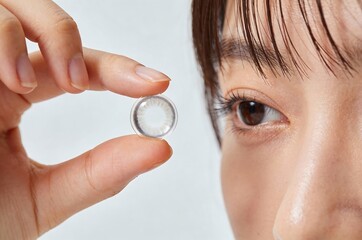 Fototapeta premium Close-up of a woman holding contact lens