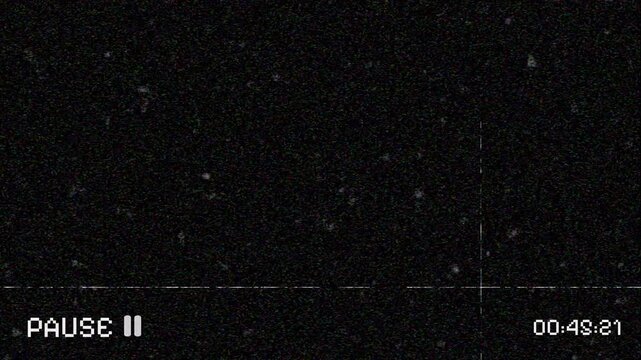 VHS video tape pause screen overlay with static distortion, analog noise, and timer. 4k video animation seamless loop with alpha channel