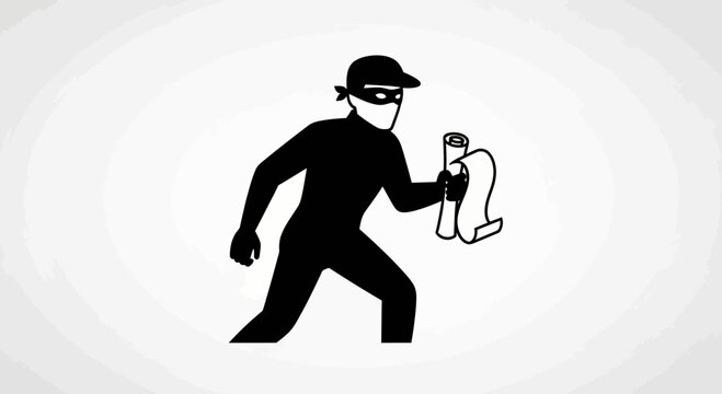 Silhouette of a burglar in a mask holding a scroll, running away, concept of theft and crime