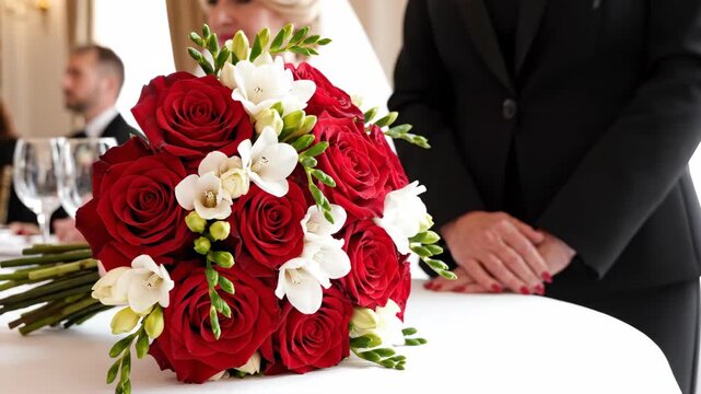 A stunning bridal bouquet of deep red roses and delicate white freesia, perfect for a romantic wedding ceremony