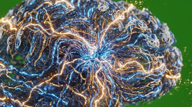 Striking digital abstract network in blues and golds, conveying innovation, complex systems, and technological growth. Suitable for marketing, website