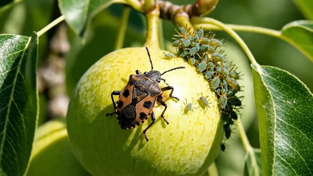 Spotted shield bug rests on a green pear among leaves, bright natural light highlights texture and detail, calm garden scene suggests summer orchard life