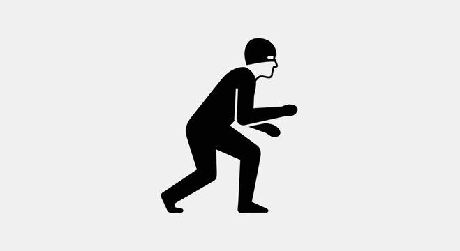 Stealthy Thief Icon: Silhouette of a Burglar in a Mask, Crouching and Sneaking