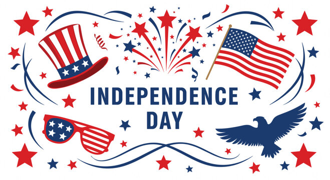 Independence Day Patriotic Design Element Set Featuring American Flag Uncle Sam Hat Bald Eagle Sunglasses and Fireworks Graphics,