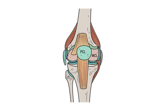 Diagram illustrating the posterior cruciate ligament PCL and medial collateral ligament MCL of the knee