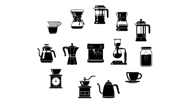 Specialty coffee brewing methods black icon collection with Chemex V60 French press and AeroPress