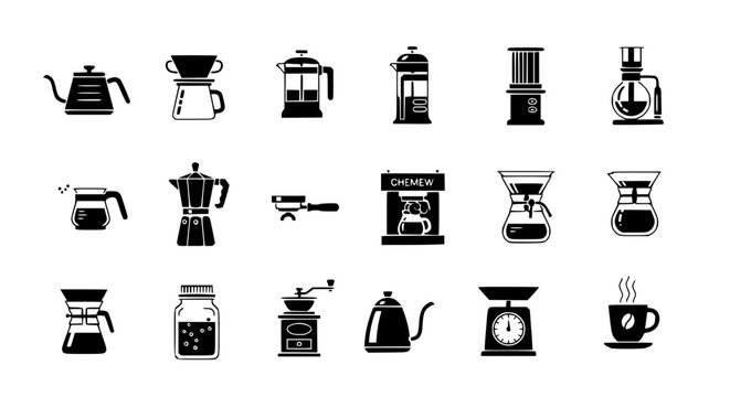 Specialty coffee brewing methods black icons set with pour over French press Chemex and espresso vector