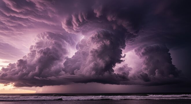 Towering purple thunderheads with visible lightning over a turbulent ocean during a dramatic storm
