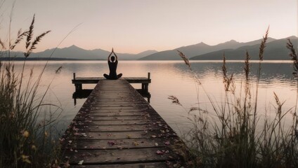 Fototapeta premium Silhouette of person meditating on a wooden dock by a serene lake at sunrise