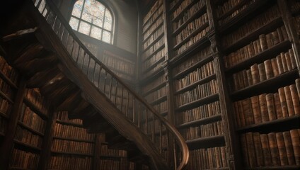 Obraz premium Spiral staircase in a massive, dimly lit library, lined with aged books. Sunlight streams through a stained glass window