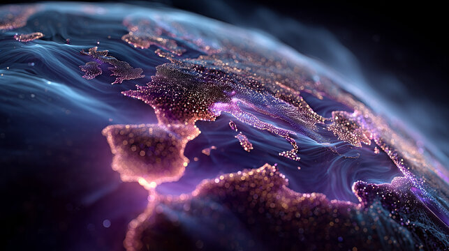Digital holographic globe with glowing fiber optic networks and topographic lines