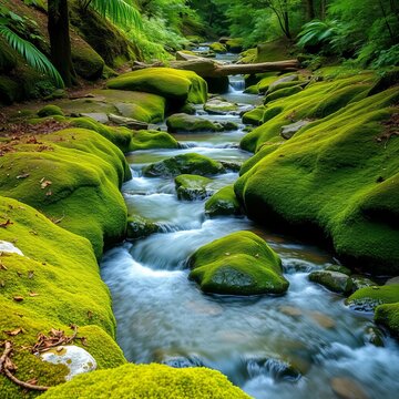 A babbling brook flowing through mossy rocks, surrounded by new green foliage,  outdoors,  vibrant