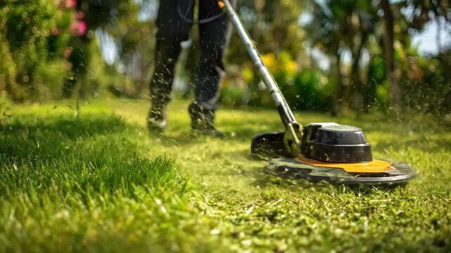 A person mowing a lawn with a lawnmower, trimming grass, the essence of the work day