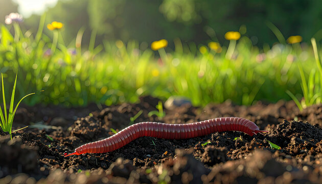A red worm moves slowly through the soil in a grassy field with flowers.
