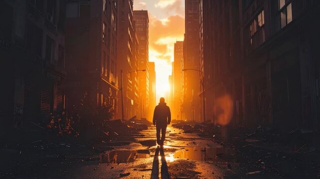 Silhouette walking through destroyed city streets bathed in golden sunset light
