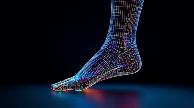 Digital wireframe human foot model with colorful glowing grid on black background