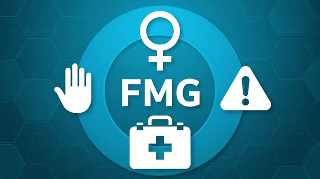 FMG acronym.FMG (Female Genital Mutilation) involves nonmedical cutting of female genitalia, violating human rights. 4k video