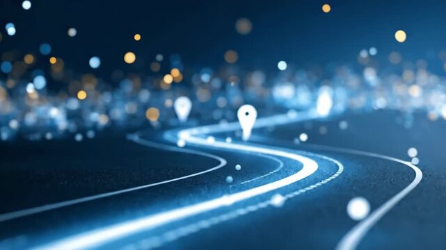 Abstract digital illustration of a road with location markers, symbolizing navigation, journey and progress. The road with an array of sparkling lights