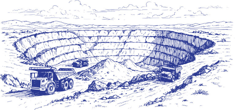 Rare Earth Mineral Open Pit Mine Vector Line Art, Layered Excavation Mining Quarry with Heavy Mining Trucks, Industrial Mineral Extraction Site, Surface Mining Operation, Natural Resource Mining Lands