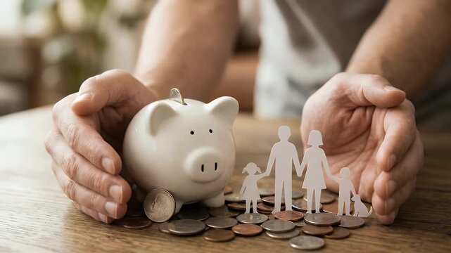 Close-up of protective hands gently framing a white piggy bank and paper cutout family figures standing on scattered coins, subtle hand movement inward as if safeguarding them, warm natural indoor lig
