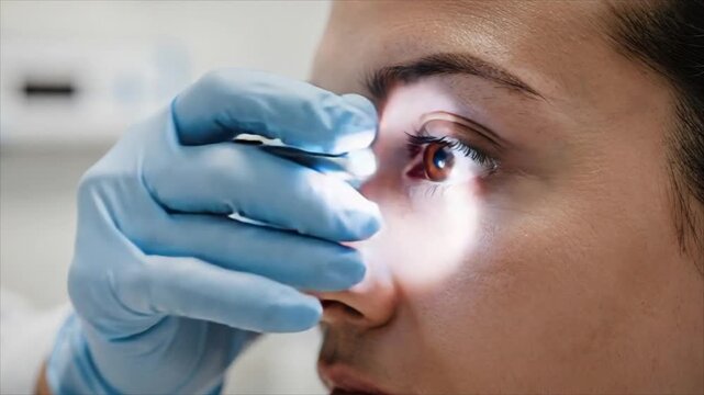 Ophthalmologist examining eye of woman to check visual health. Doctor using penlight for clinical diagnostic ocular assessment in professional medicine clinic unit.