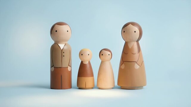 Static centered shot of four wooden peg figures arranged in a row against a clean light blue background, subtle camera push-in emphasizing the two taller figures flanking two smaller ones, soft even s
