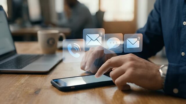 Close-up of a professional using a smartphone on a wooden desk while translucent phone, email and chat icons float above the device, subtle thumb movement interacting with the screen, static side fram