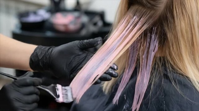 Hairdresser dyeing hair of a woman applying pink and purple color tint. Professional salon treatment process. Beauty makeover expert working with cosmetic dye.