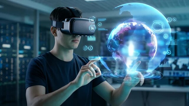Medium shot of a person wearing a VR headset reaching forward toward a glowing holographic globe surrounded by digital icons and circular data rings, subtle hand movement interacting with the virtual 
