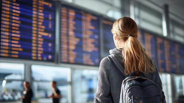 Woman stands in airport staring at updated flight departure board. Traveler with backpack checks schedule for flight information. Travel planning and transport concept.