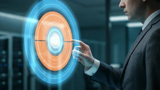 Medium close-up of a professional in a suit reaching forward to touch a glowing circular digital interface element, fingertip activating layered transparent UI rings, slow cinematic push-in with dark 