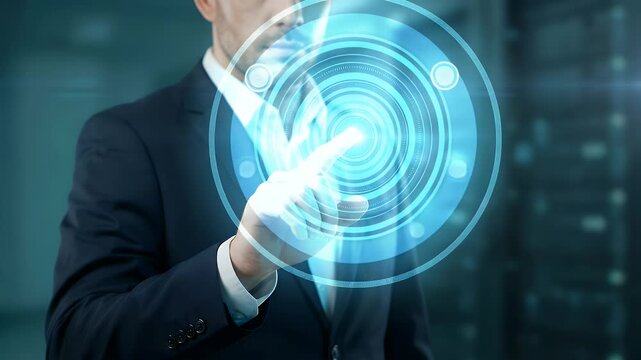 Medium close-up of a professional in a suit reaching forward to touch a glowing circular digital interface element, fingertip activating layered transparent UI rings, slow cinematic push-in with dark 