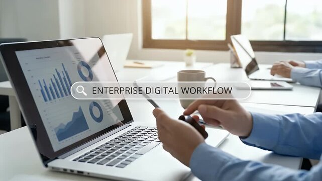 Close-up of a professional holding a smartphone above a laptop with a translucent search bar overlay, thumb lightly scrolling on the screen, slow steady push-in with natural daylight and shallow depth