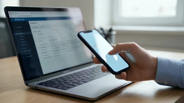 Close-up of a professional holding a smartphone above a laptop with a translucent search bar overlay, thumb lightly scrolling on the screen, slow steady push-in with natural daylight and shallow depth